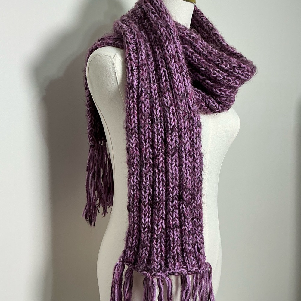 Chunky Knit Fringe Scarf – Handcrafted Purple Variegated Yarn – Soft, Cozy, Boho